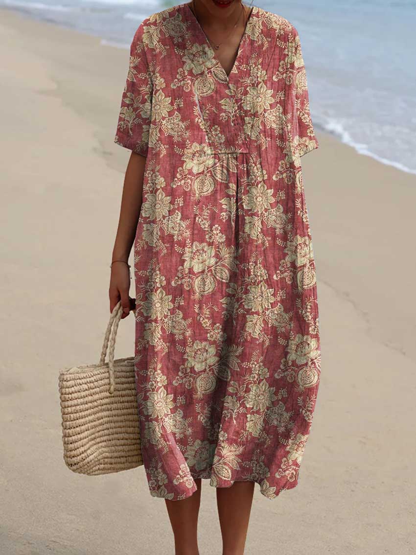 Women's Vintage Lovely Floral Art Print Flowy Dress