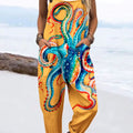 Women's Vintage Abstract Octopus Art Print Casual 100% Cotton Wide Leg Jumpsuit