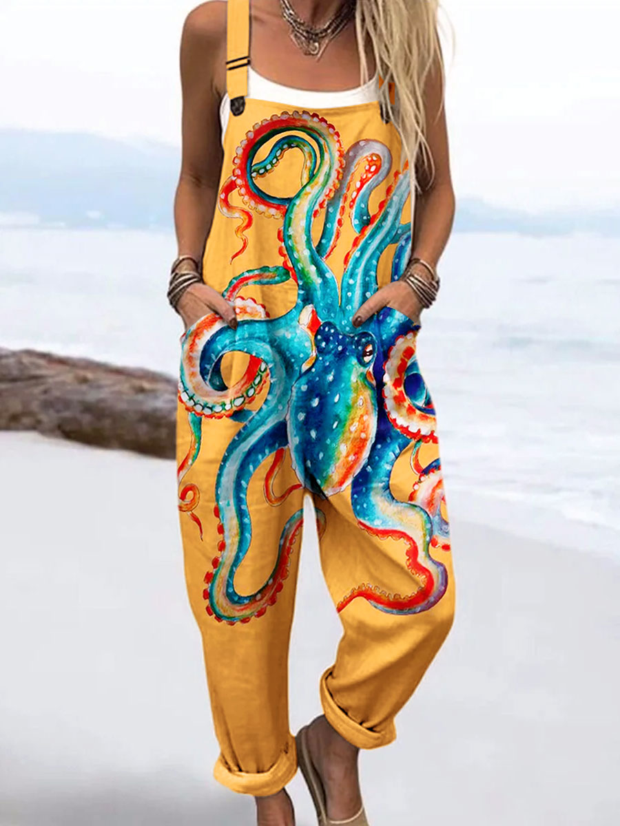 Women's Vintage Abstract Octopus Art Print Casual 100% Cotton Wide Leg Jumpsuit