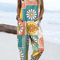 Women's Artistic Creative Flowers Print Casual 100% Cotton Wide Leg Jumpsuit