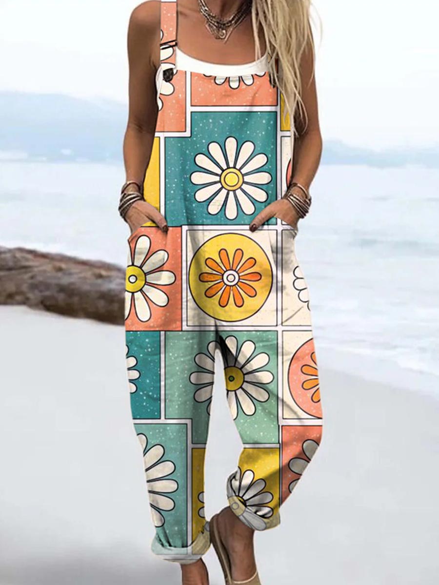 Women's Artistic Creative Flowers Print Casual 100% Cotton Wide Leg Jumpsuit