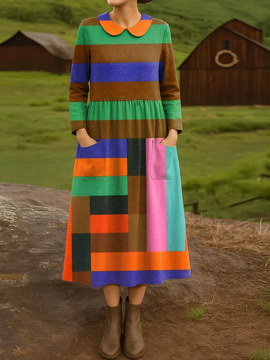 Women's Beautiful Colorful Abstract Stripe Art Print Cotton Lapel Button-Down Shirt Dress