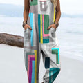 Women's Abstract Color Block Art Print Casual 100% Cotton Wide Leg Jumpsuit