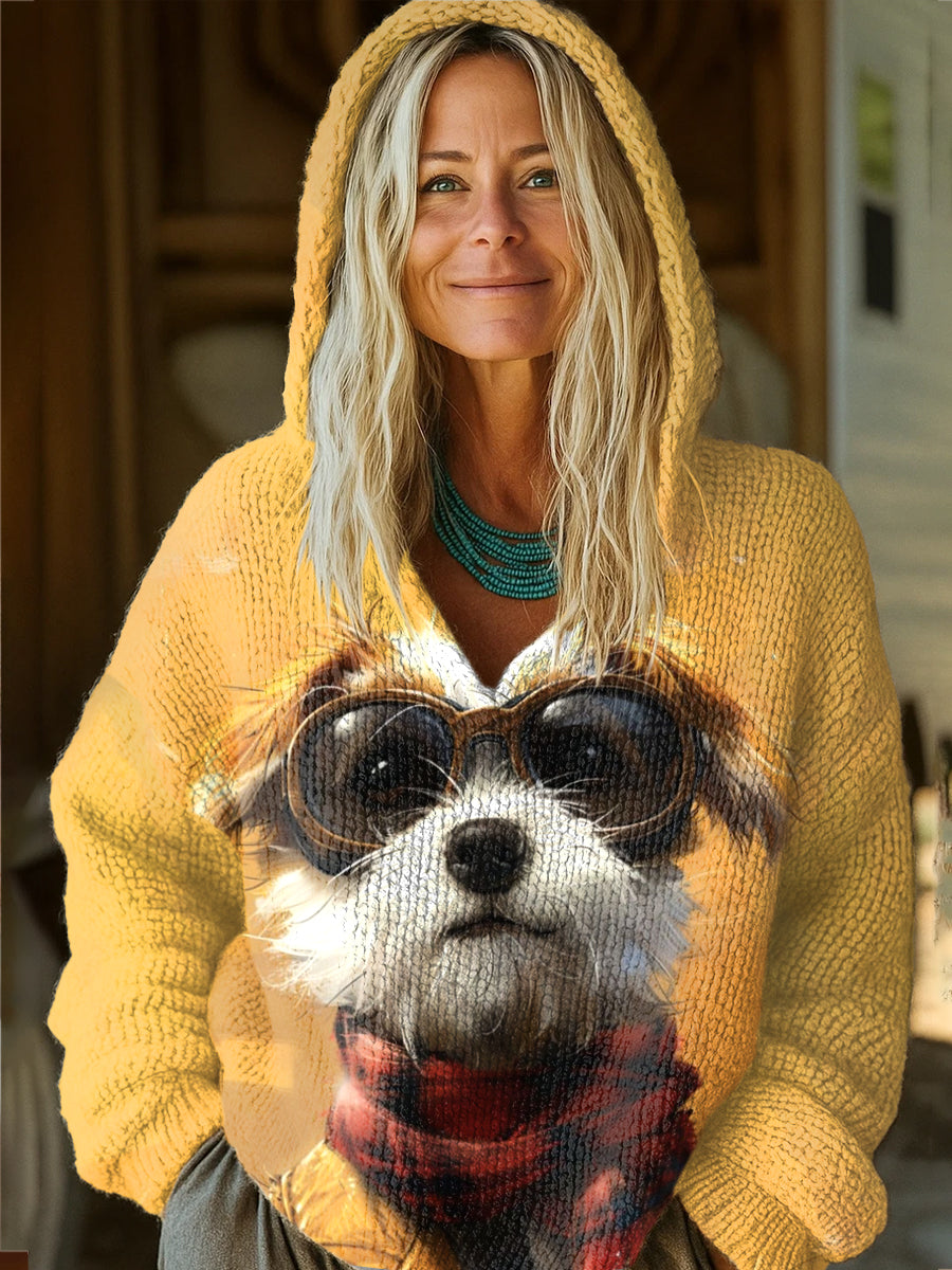 Cute Dog Art Print Casual Knitted Hoodie Sweater