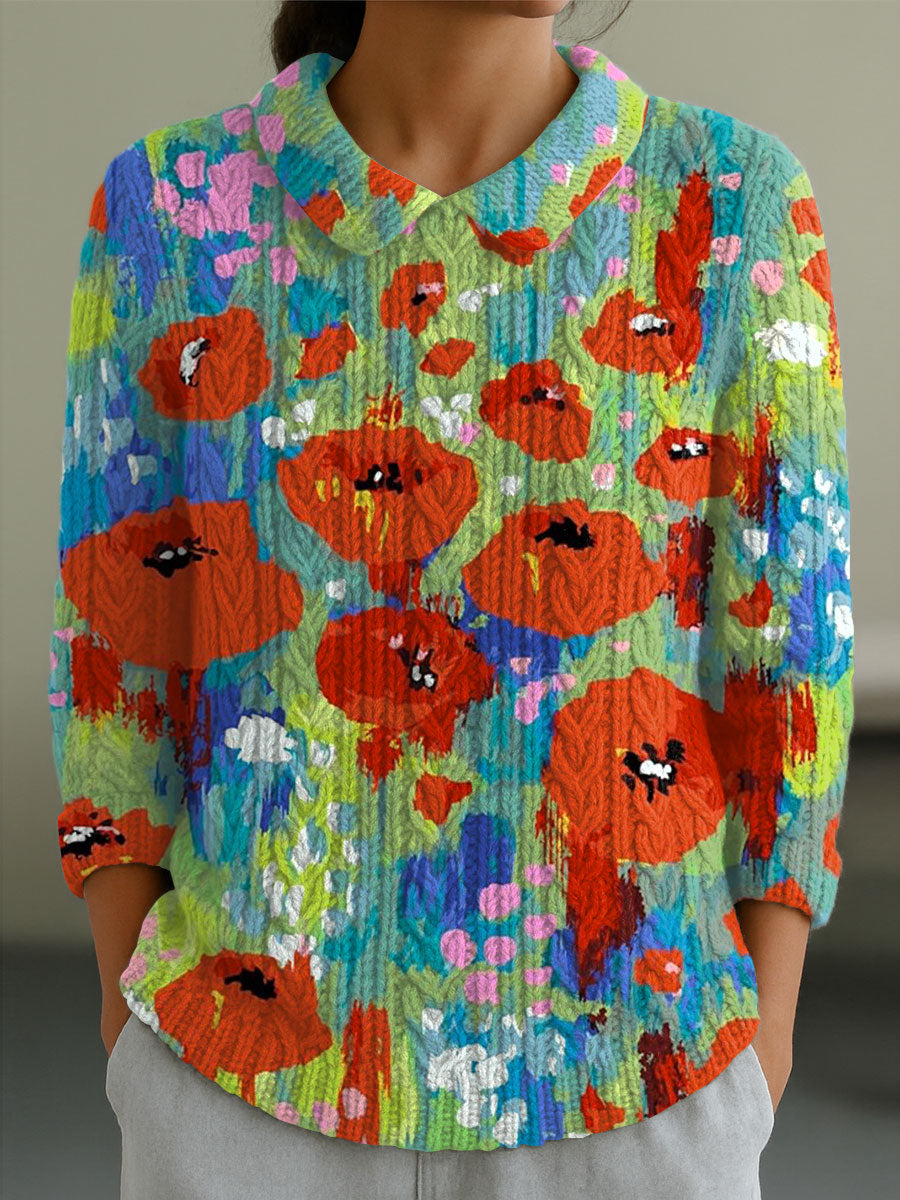 womens-vintage-flower-art-print-casual-peter-pan-collar-3-4-sleeve-sweater-628r