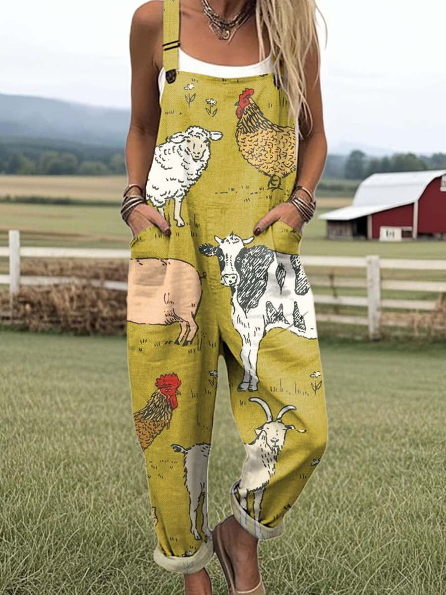 Women's Funny Animals Pattern Art Print Casual 100% Cotton Wide Leg Jumpsuit