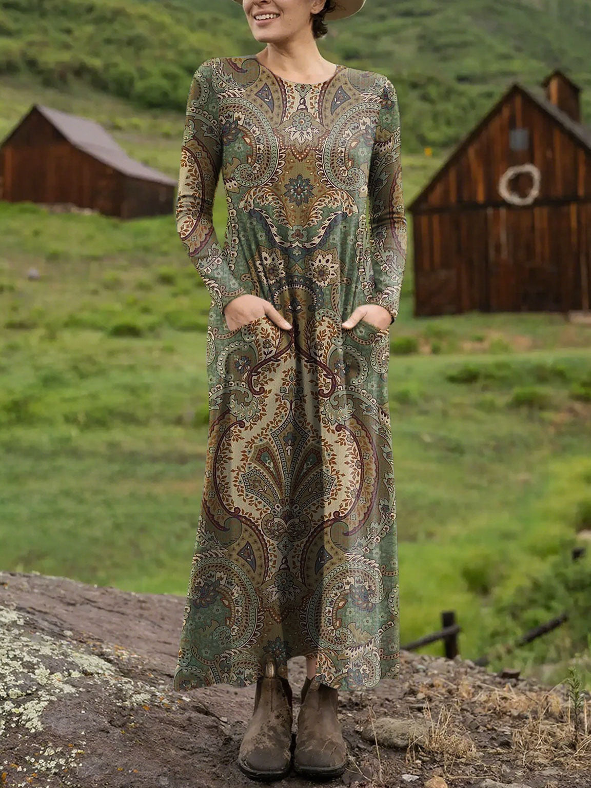 Women's Vintage Flower Art Print Long-sleeved Dress