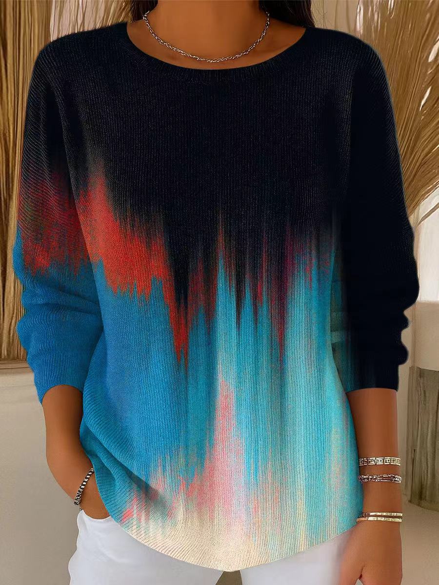 Women's Abstract Multicolor Gradient Painting Art Print Casual Pullover Sweater