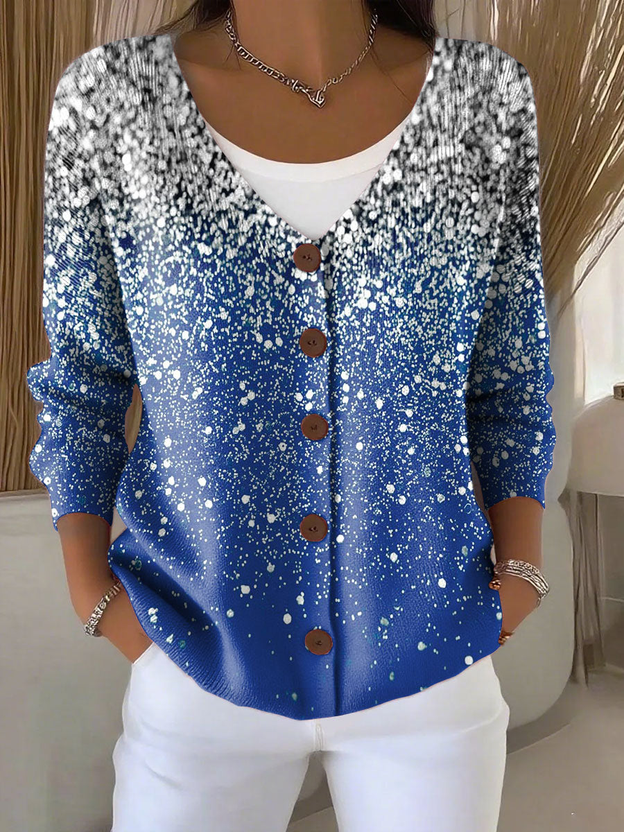 Christmas Snowflake Print Buttoned V-neck Cardigan Sweater