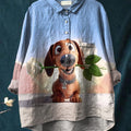 Cartoon Dachshund Dog Graphic Printed Women's Casual Cotton And Linen Shirt