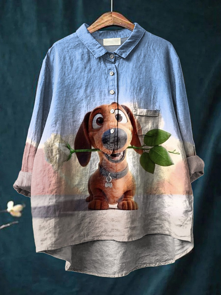 Cartoon Dachshund Dog Graphic Printed Women's Casual Cotton And Linen Shirt