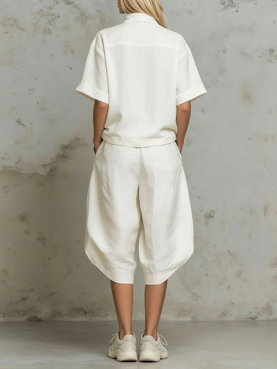 Women's Solid-color Stand-collar 1/2-sleeve Loose-fit Top & High-waisted Loose Wide-leg Pants Cotton-linen Set
