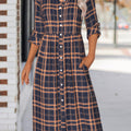 Navy Button Plaid Long Sleeve Shirt Collar Dress