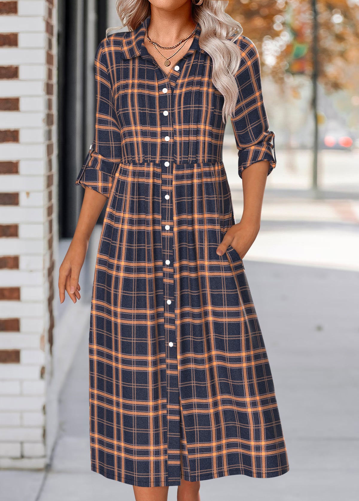 Navy Button Plaid Long Sleeve Shirt Collar Dress