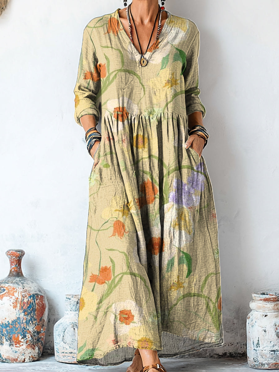 Women's Beautiful Flower Painting Art Print Linen Pocket Tunic Dress