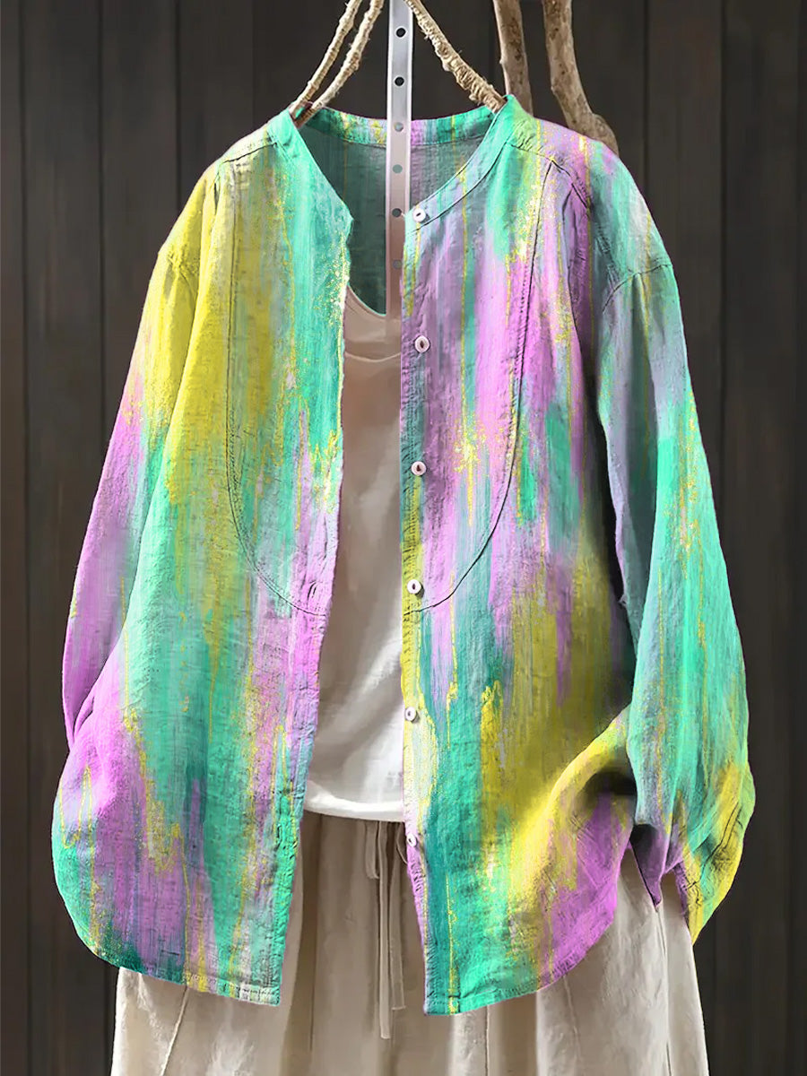 Women's Abstract Beautiful Colorful Gradient Painting Art Print Casual Cotton And Linen Ruffle Shirt