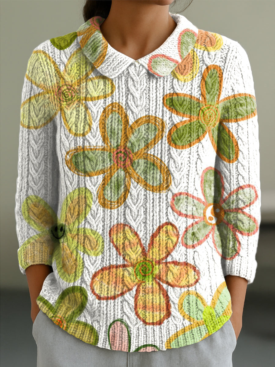 womens-cute-large-flower-painting-art-print-casual-peter-pan-collar-3-4-sleeve-sweater-ceo3