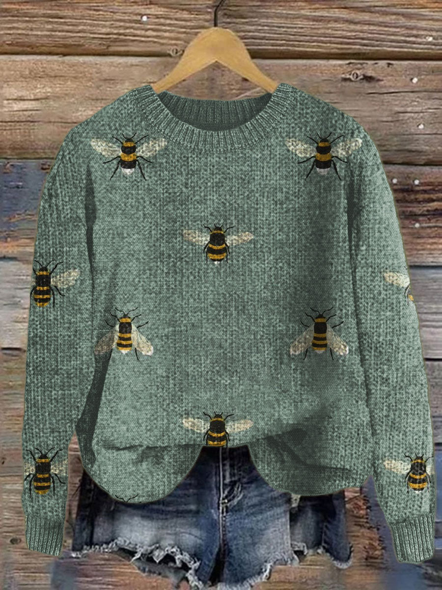 vintage-bee-art-print-knit-pullover-sweater-tcx5