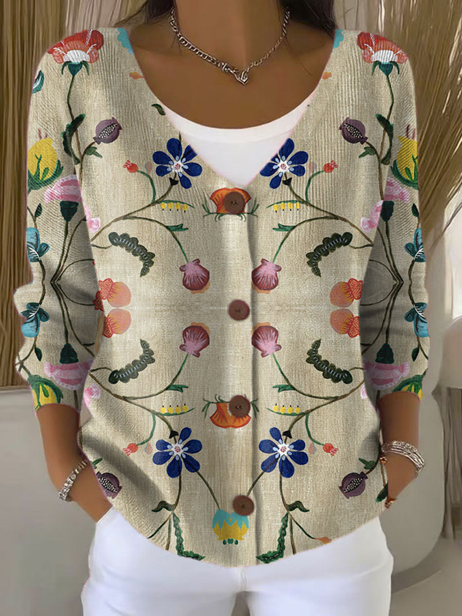 Vintage Flower  Art Print Buttoned V-neck Cardigan Sweater
