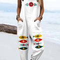Combinaison pantalon large décontractée 100 % coton, imprimé floral abstrait vintage avec poissons 