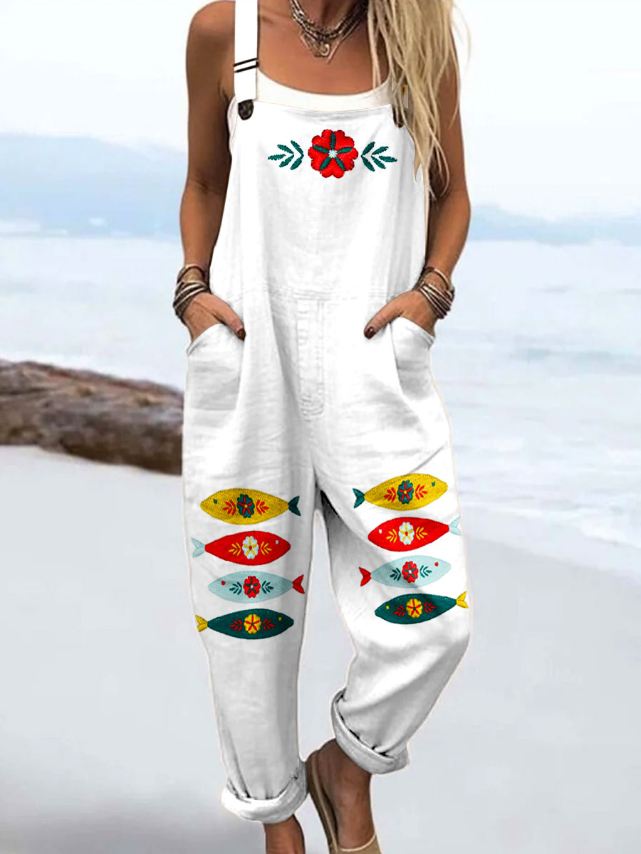 Women's Vintage Abstract Fish Floral Art Print Casual 100% Cotton Wide Leg Jumpsuit
