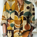Women's Vintage Abstract Geometric Plaid Painting Art Print Casual Cotton And Linen Ruffle Shirt