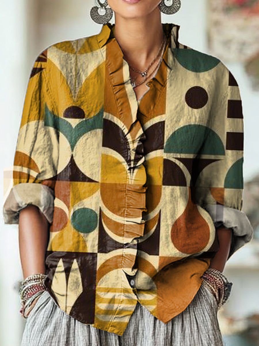 Women's Vintage Abstract Geometric Plaid Painting Art Print Casual Cotton And Linen Ruffle Shirt