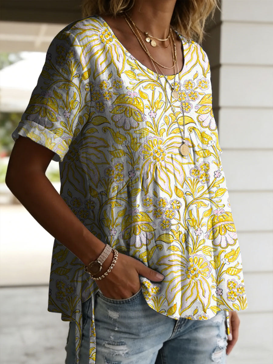 Women's Vintage Floral Pattern Casual Art Print Round Neck Cotton Linen Loose Short-sleeved Shirt