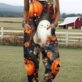 Women's Ghost Pumpkin Art Print Casual 100% Cotton Wide Leg Jumpsuit