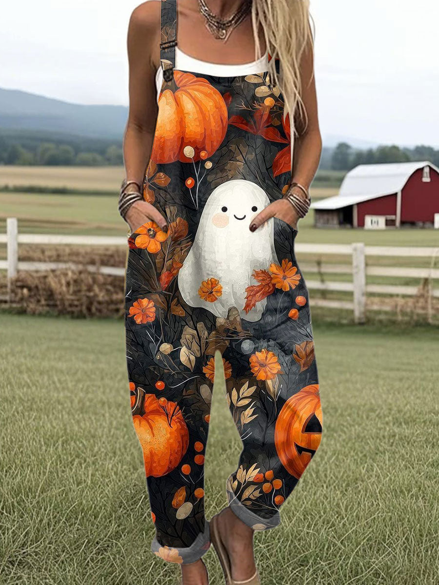 Women's Ghost Pumpkin Art Print Casual 100% Cotton Wide Leg Jumpsuit