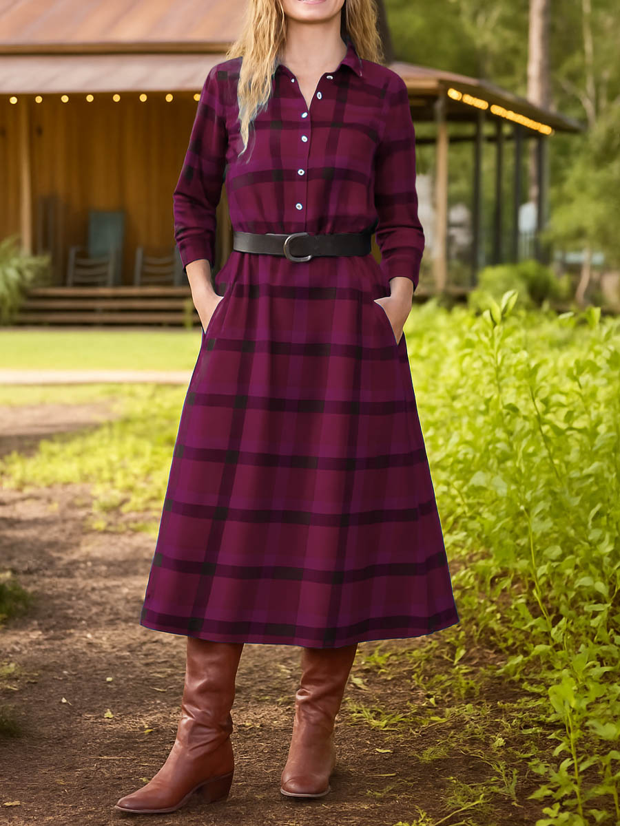 Women's Check Print Shirt Collar Long Sleeve Casual Loose Cotton Dress