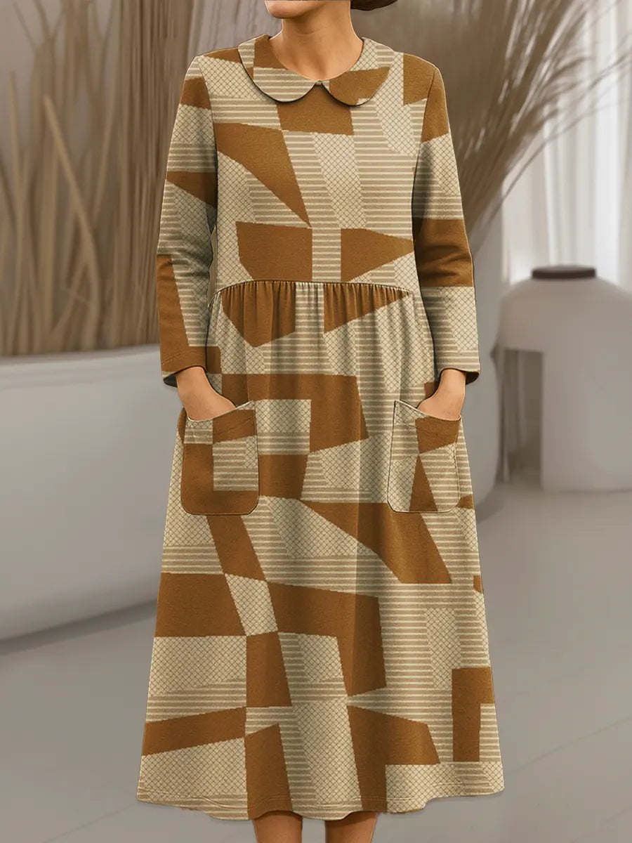 Women's Vintage Abstract Geometry Art Print Cotton Lapel Button-Down Shirt Dress