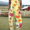Women's  Vintage Bee Floral Art Print Casual 100% Cotton Wide Leg Jumpsuit