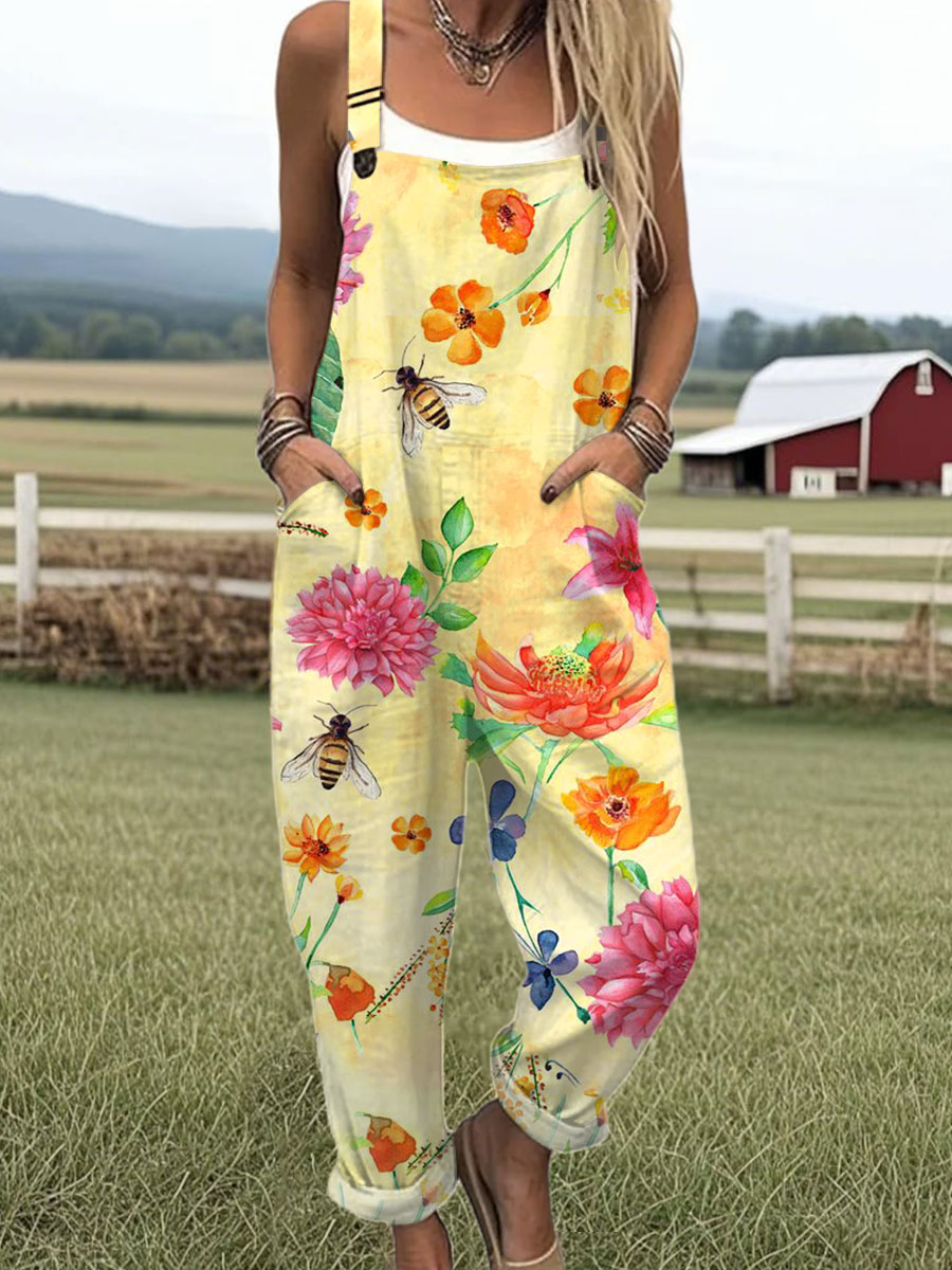 Women's  Vintage Bee Floral Art Print Casual 100% Cotton Wide Leg Jumpsuit