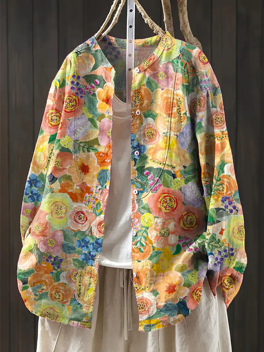 Women's Vintage Floral Pattern Art Print Casual Cotton And Linen Shirt