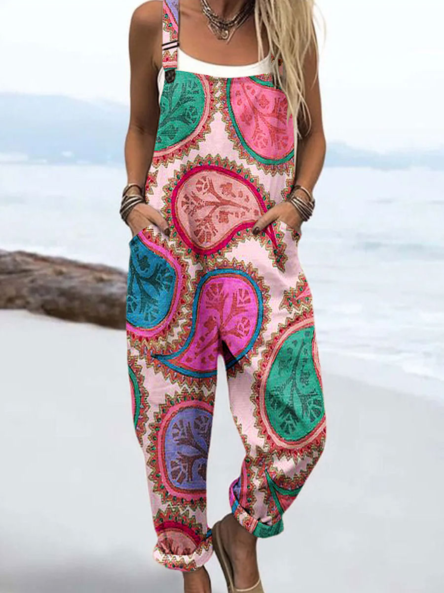 Women's Vintage Abstract Paisley Art Print Casual 100% Cotton Wide Leg Jumpsuit
