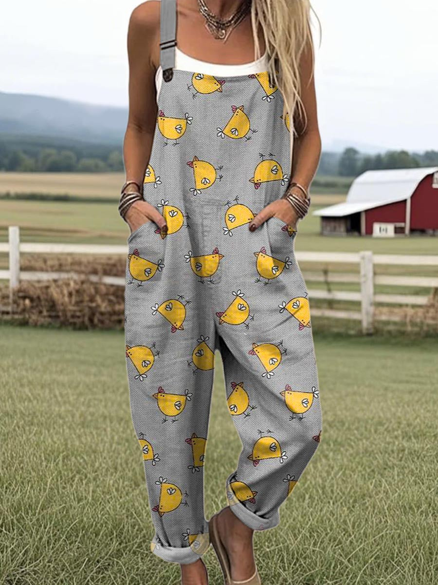 Women's Lovely Chicken Pattern Art Print Casual 100% Cotton Wide Leg Jumpsuit