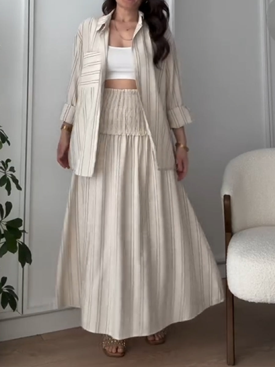 Women's Striped Casual Linen and Cotton Shirt and Skirt Set