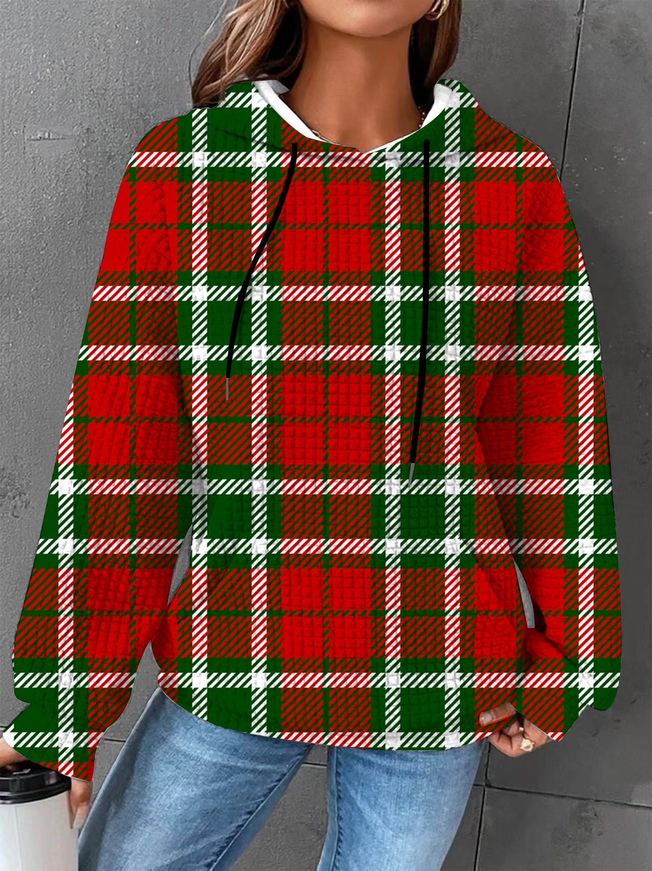 Plus size Autumn/Winter Women's Essential Creative Printed Long Sleeve Hooded Waffle Sweatshirt