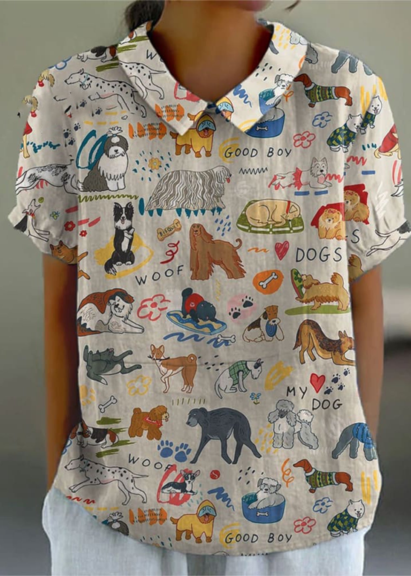 Women's Cute Dog Print Casual Cotton And Linen Shirt