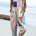 Women's Color Block Line Art Print Casual 100% Cotton Wide Leg Jumpsuit