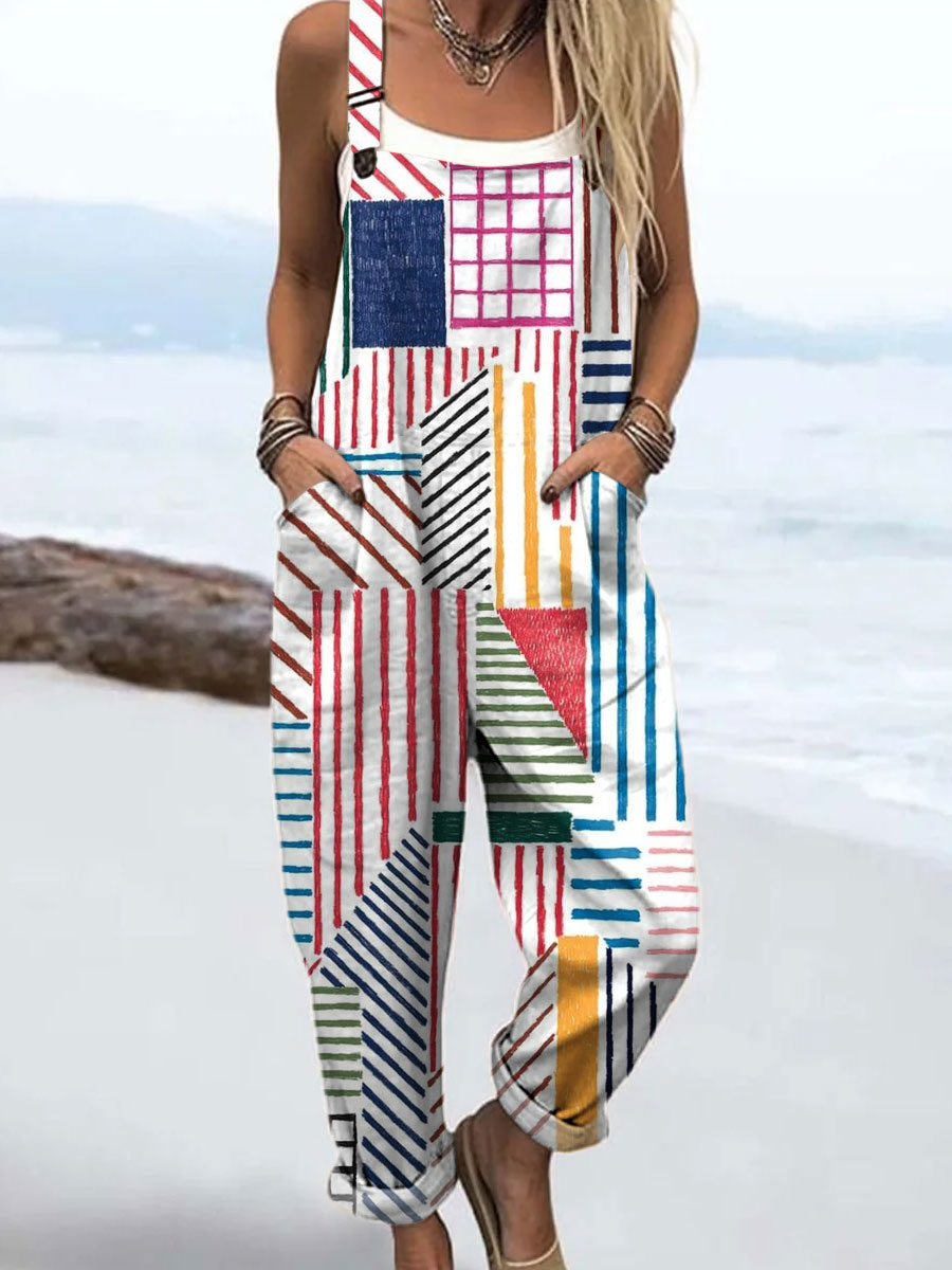 Women's Color Block Line Art Print Casual 100% Cotton Wide Leg Jumpsuit
