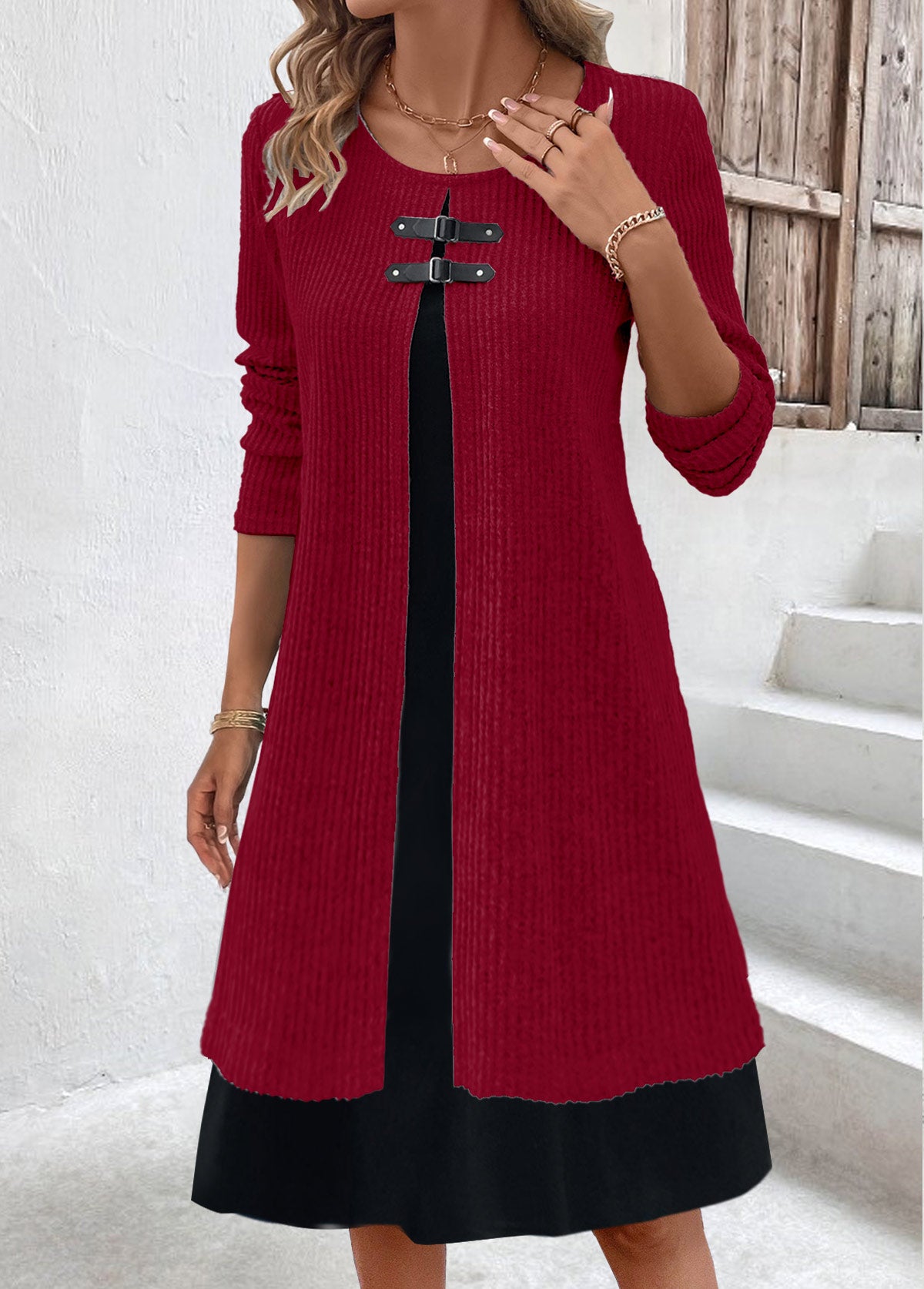 Wine Red Fake 2in1 A Line Dress