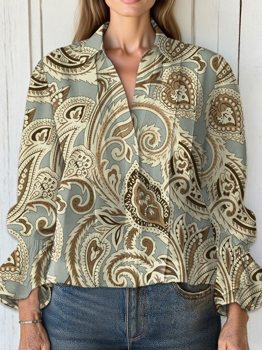 Women's  Vintage Cashew Flower  Art Print Casual  Cotton And Linen Shirt