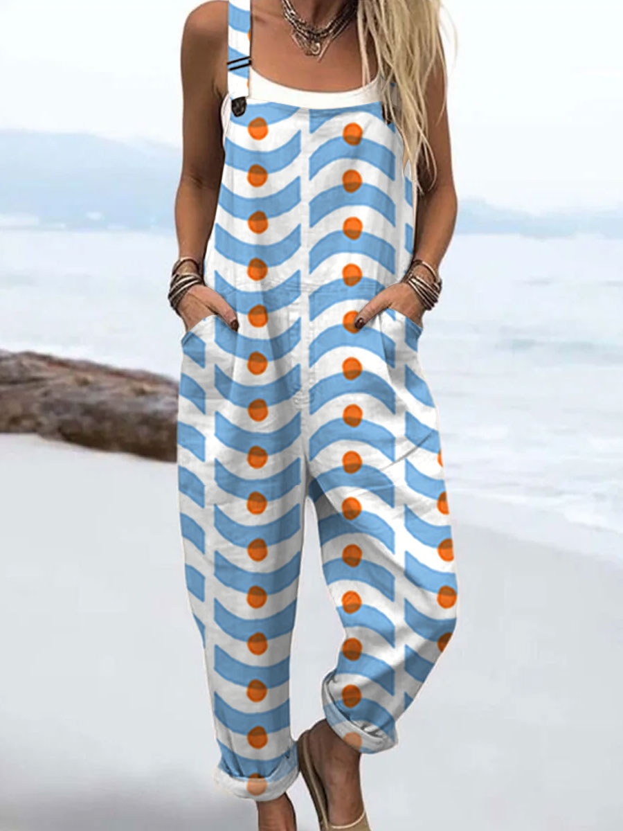 Women's  Vintage Abstract Geometry Art Print Casual 100% Cotton Wide Leg Jumpsuit