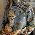 Women's Lovely Fox Art Print Knit Turtleneck Pullover Sweater