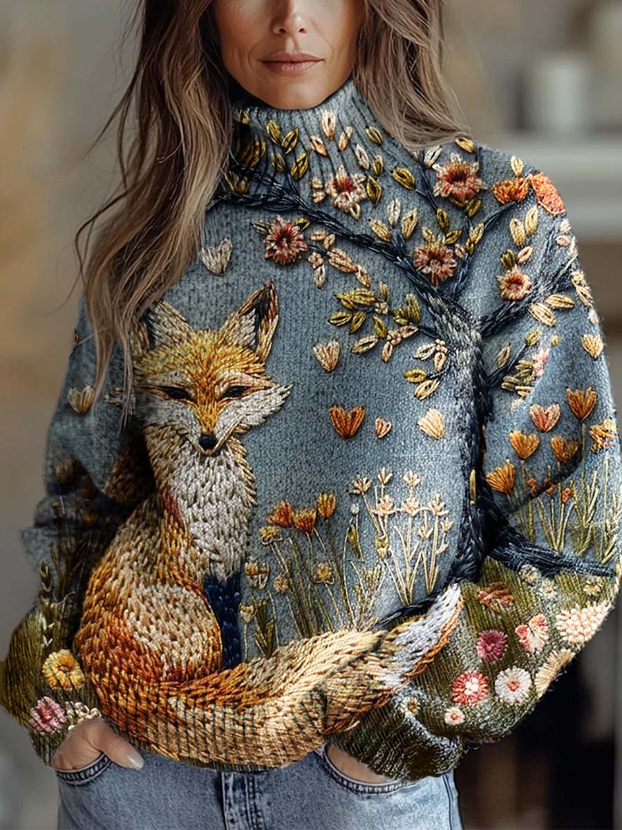 Women's Lovely Fox Art Print Knit Turtleneck Pullover Sweater