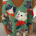 Women's Lovely Christmas Cats Pattern Art Print Casual Pullover Sweater