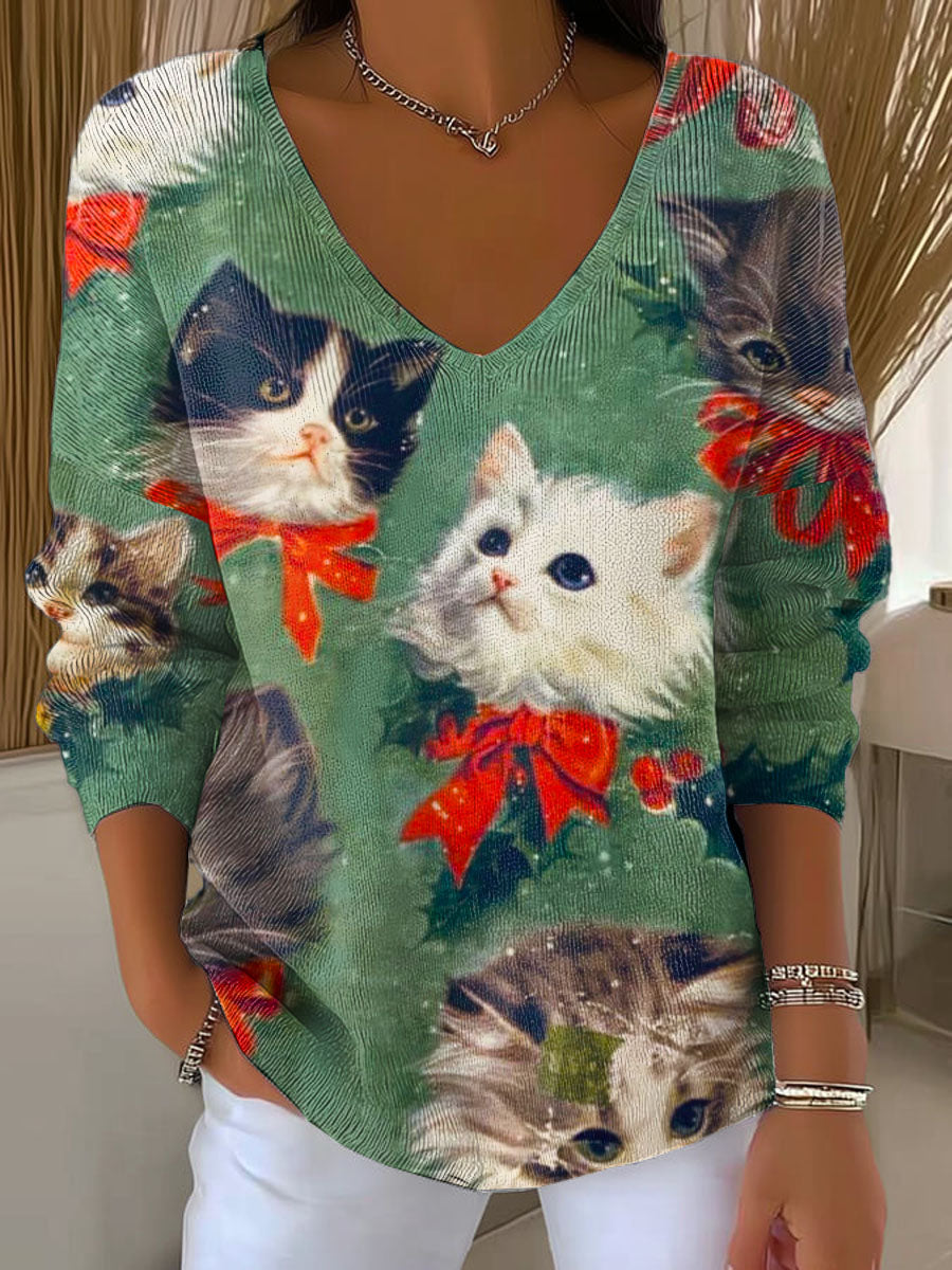 Women's Lovely Christmas Cats Pattern Art Print Casual Pullover Sweater