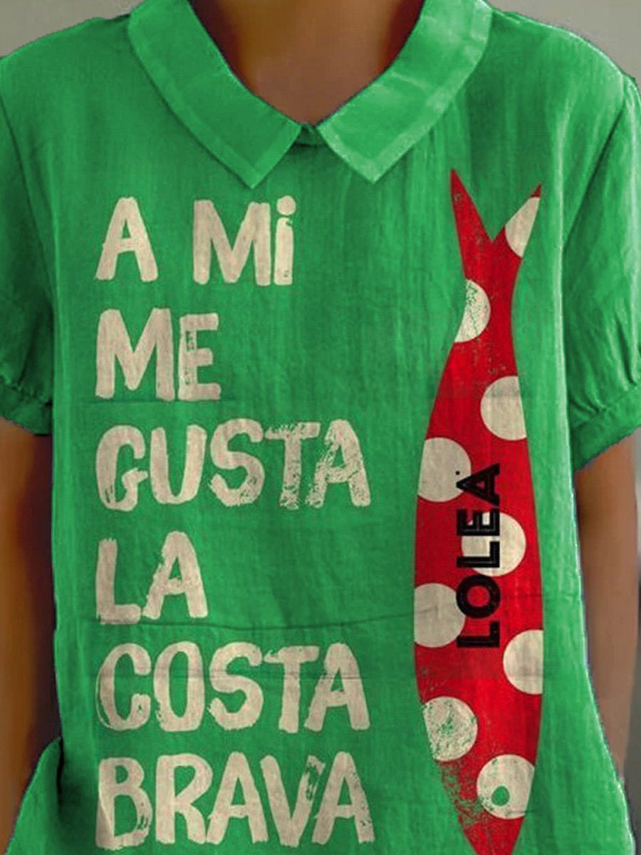 Sardine Fish Art Printed Women's Casual Cotton And Linen Shirt